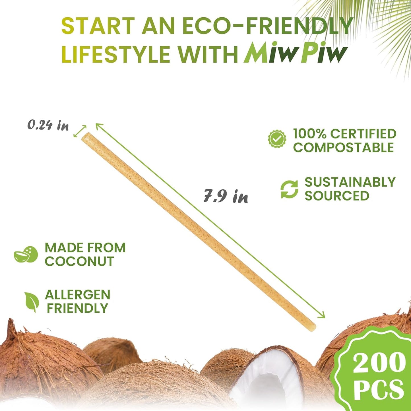 Miw Piw Biodegradable Coconut Straws - 200 Pieces Disposable