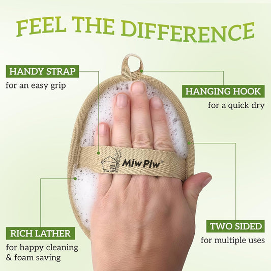 Miw Piw Natural Loofah Exfoliating Body Scrubber (Pack 2- Size 4.7" x 6.3" Each)