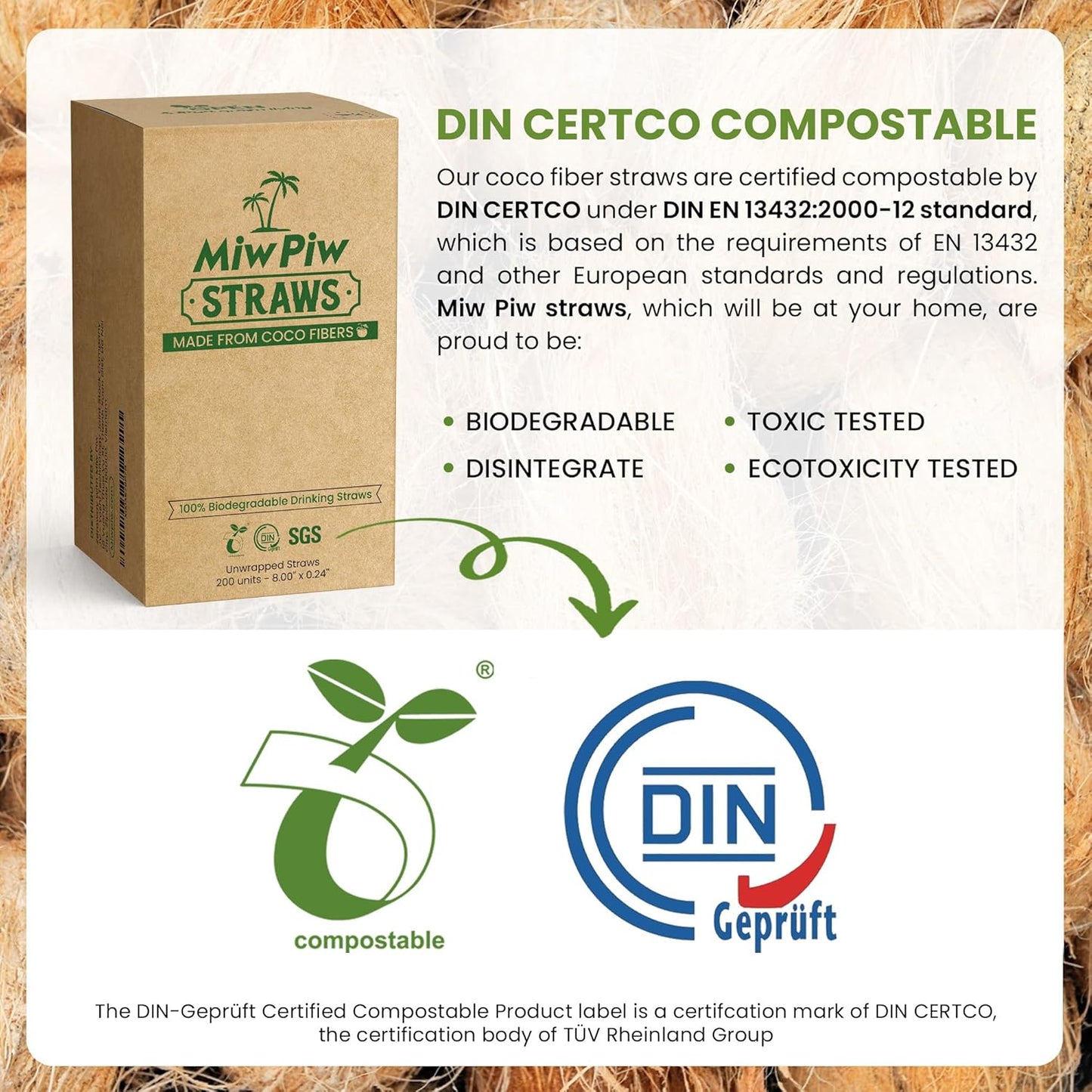 Miw Piw Biodegradable Coconut Straws - 200 Pieces Disposable