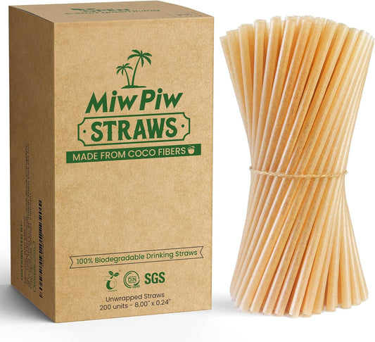 Miw Piw Biodegradable Coconut Straws - 200 Pieces Disposable