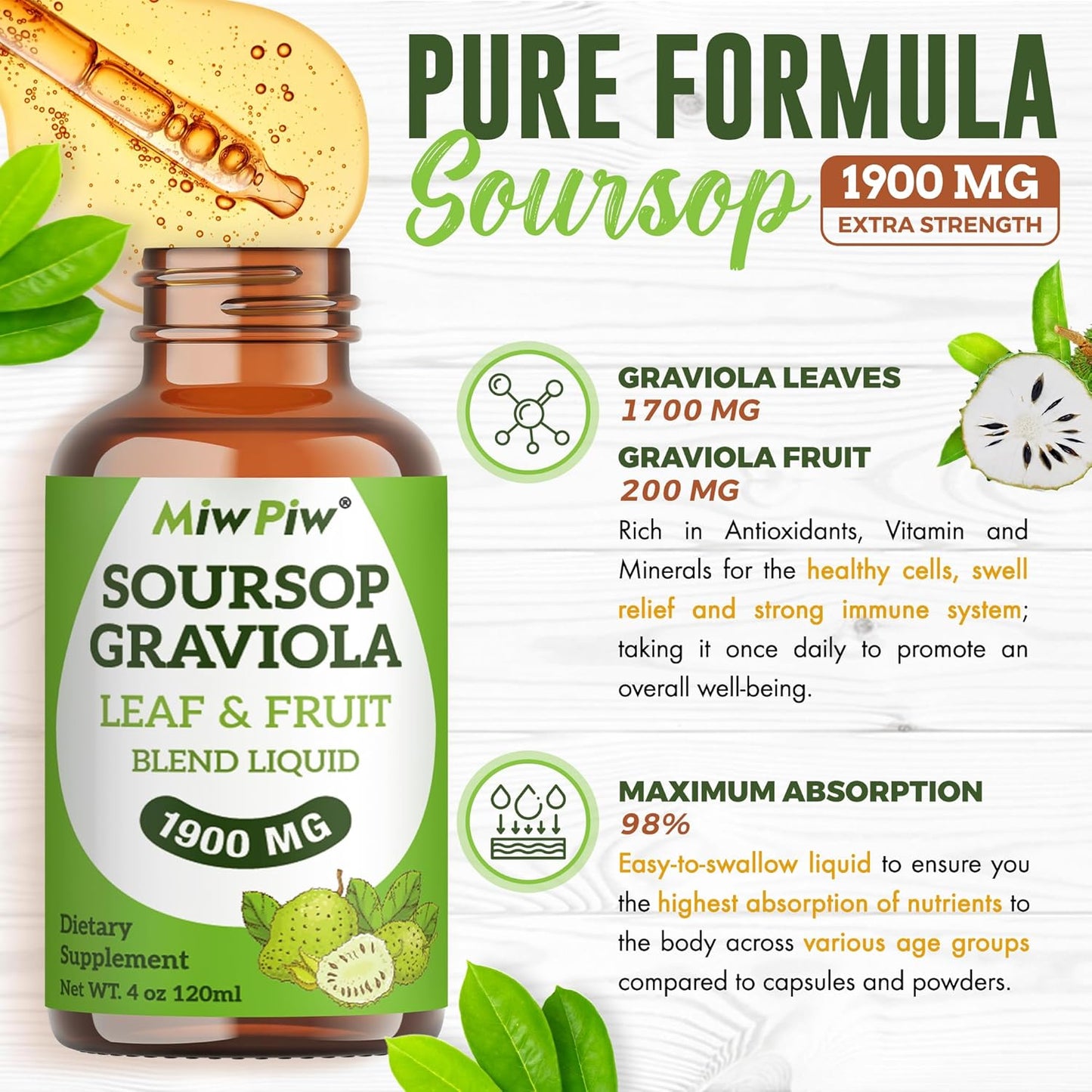 Miw Piw Soursop Graviola Liquid Drop 1900 MG (4 Fl Oz)