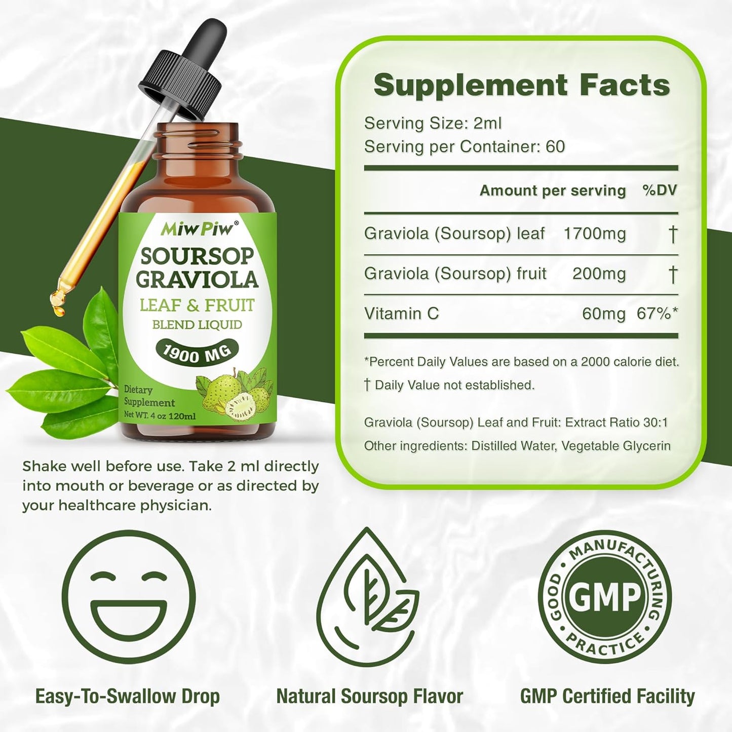 Miw Piw Soursop Graviola Liquid Drop 1900 MG (4 Fl Oz)