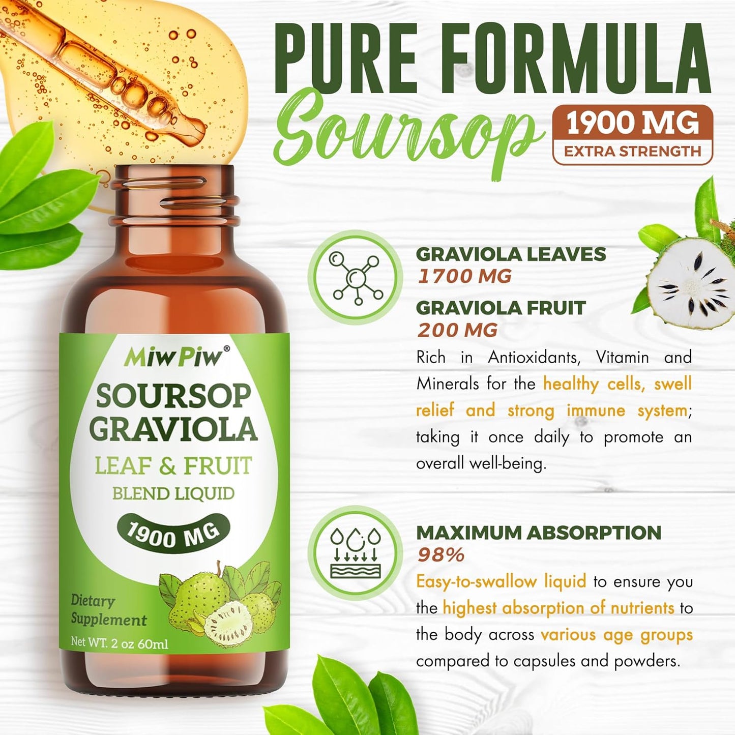 Miw Piw Soursop Graviola Liquid Drop 1900 MG- 2 Fl Oz