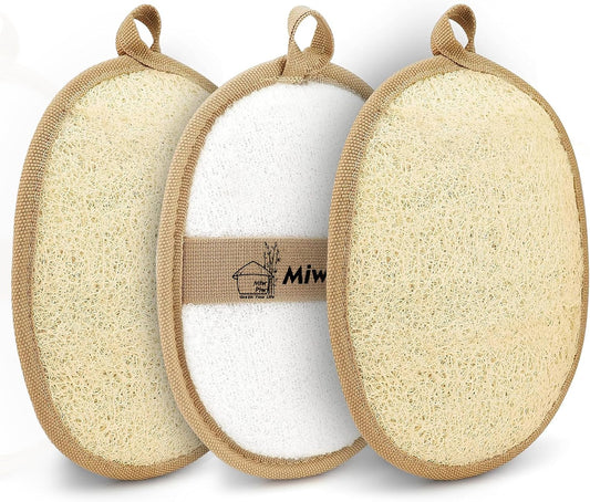 Miw Piw Natural Loofah Exfoliating Body Scrubber (Pack 3- Size 4" x 5.5" Each)