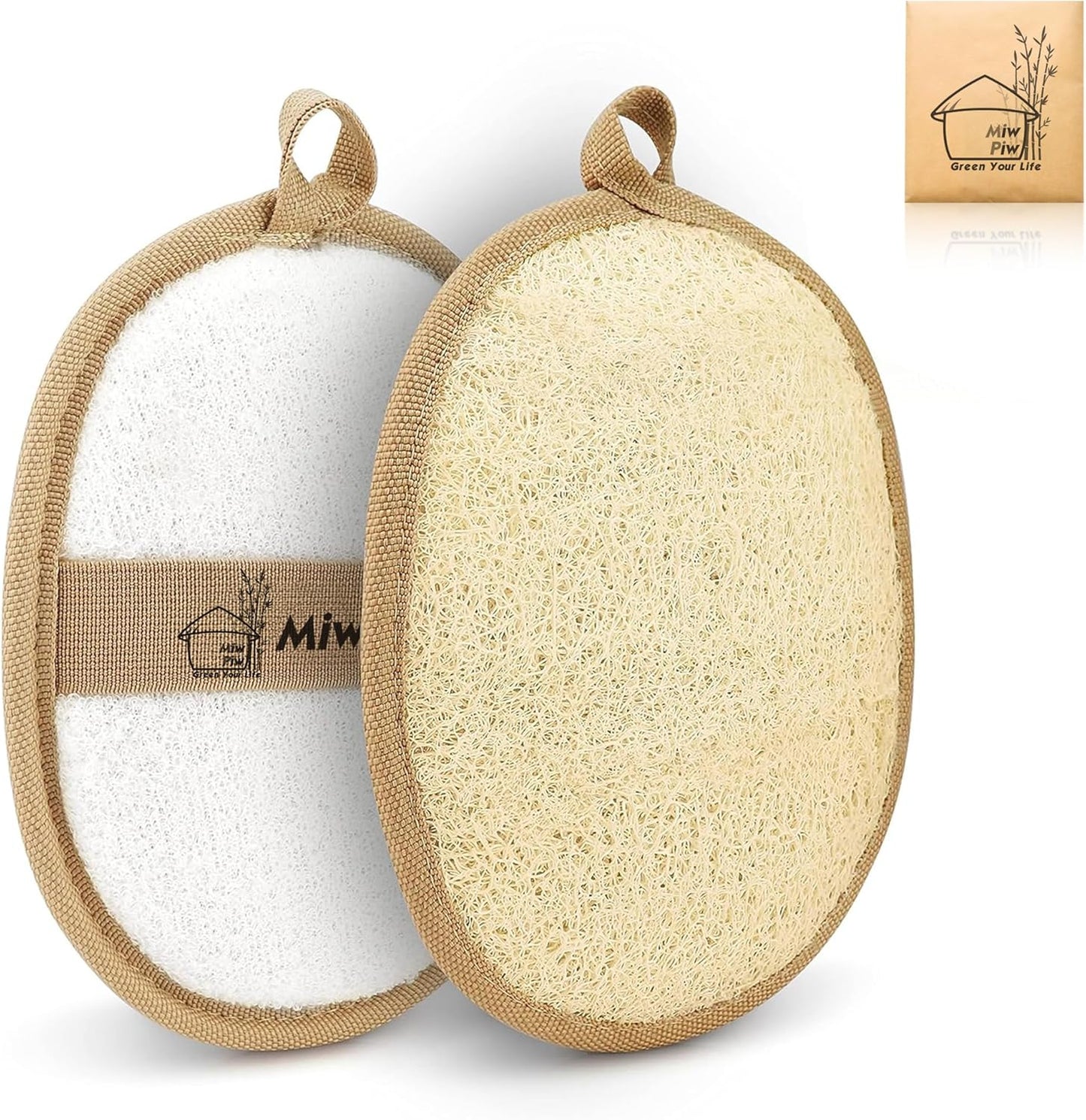 Miw Piw Natural Loofah Exfoliating Body Scrubber (Pack 2- Size 4.7" x 6.3" Each)